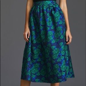 Anthropologie Sunday in Brooklyn Jacquard Midi Skirt Blue Green Floral Plus Size